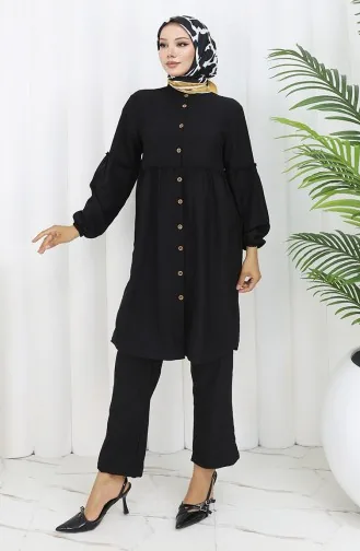 Gathered Buttoned Tunic Trousers Two Piece Suit 0115-03 Black 0115-03