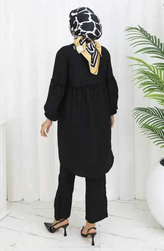 Gathered Buttoned Tunic Trousers Two Piece Suit 0115-03 Black 0115-03