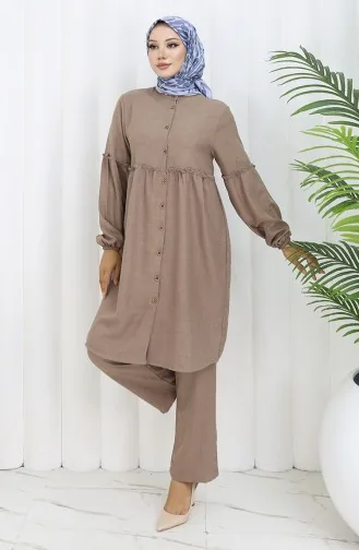 Ensemble Deux Pièces Tunique Et Pantalon Boutonnés Froncés 0115-04 Vison 0115-04