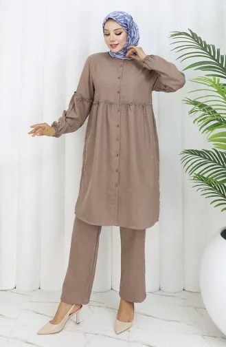 Ensemble Deux Pièces Tunique Et Pantalon Boutonnés Froncés 0115-04 Vison 0115-04