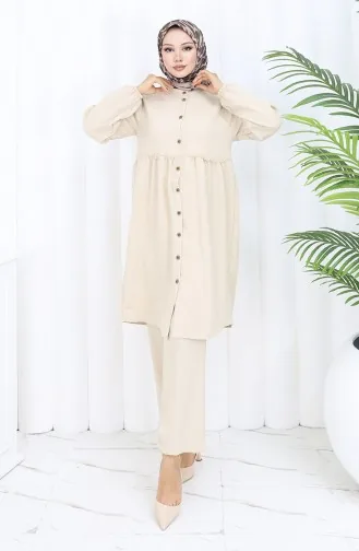 Ensemble Deux Pièces Tunique Et Pantalon Boutonnés Froncés 0115-05 Beige 0115-05