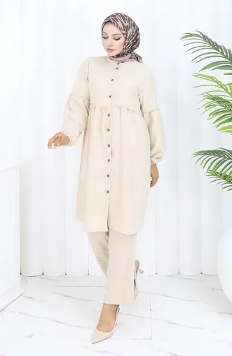 Ensemble Deux Pièces Tunique Et Pantalon Boutonnés Froncés 0115-05 Beige 0115-05
