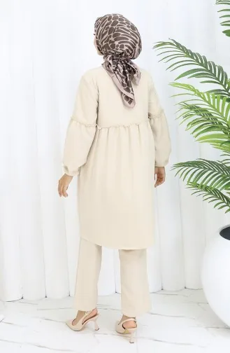 Ensemble Deux Pièces Tunique Et Pantalon Boutonnés Froncés 0115-05 Beige 0115-05