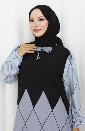 Eteğe Sulu Viskon Kare Yaka Elbise 984585D-01 Siyah
