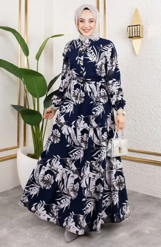 Viskose Kleid Mit Tunnelzug 7119-01 Dunkelblau 7119-01