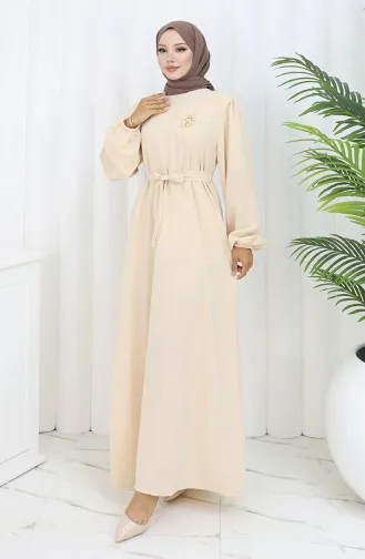 Brooch Detailed Dress 0017-05 Beige 0017-06