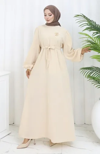 Brooch Detailed Dress 0017-05 Beige 0017-06
