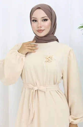 Brooch Detailed Dress 0017-05 Beige 0017-06