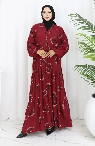 فستان من قماش فيسكوز منقوش بأزرار 0088-04 أحمر قرمزي 0088-04