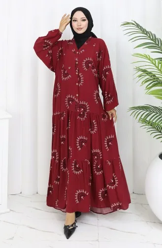 Viskose Stoff Gemustertes Kleid Mit Knöpfen 0088-04 Weinrot 0088-04