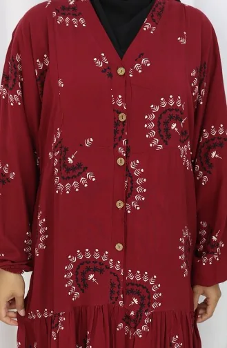 Viskose Stoff Gemustertes Kleid Mit Knöpfen 0088-04 Weinrot 0088-04
