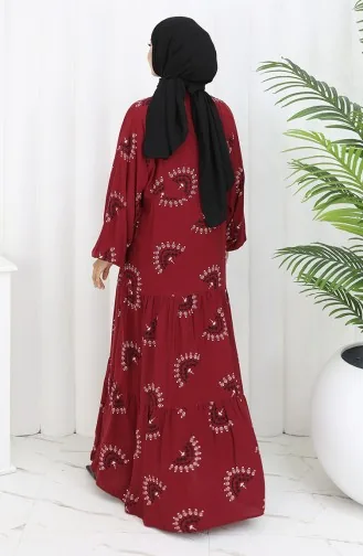 Viskose Stoff Gemustertes Kleid Mit Knöpfen 0088-04 Weinrot 0088-04