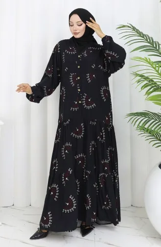 فستان منقوش بأزرار من قماش الفيسكوز 0088-05 أسود 0088-05