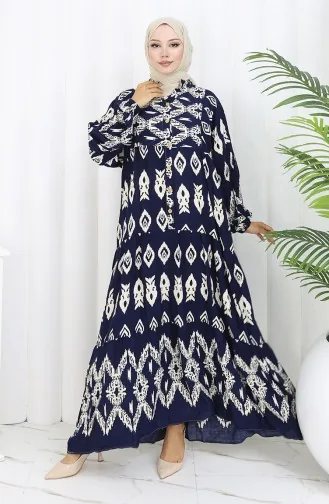 Viscose Fabric Half Buttoned Patterned Dress 0107-03 Navy Blue 0107-03