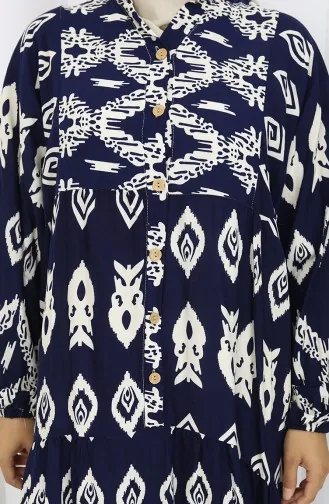 Viscose Fabric Half Buttoned Patterned Dress 0107-03 Navy Blue 0107-03