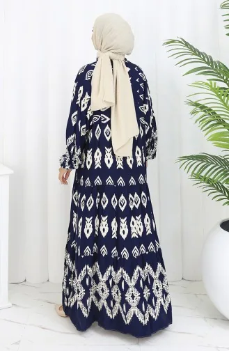 Viscose Fabric Half Buttoned Patterned Dress 0107-03 Navy Blue 0107-03