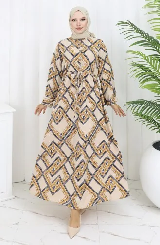 Robe à Motifs Demi-boutonnée 0108-01 Beige Bleu Marine 0108-01