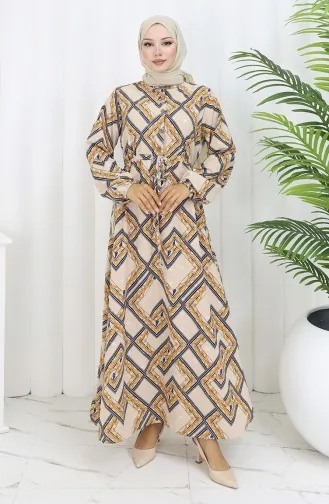 Robe à Motifs Demi-boutonnée 0108-01 Beige Bleu Marine 0108-01