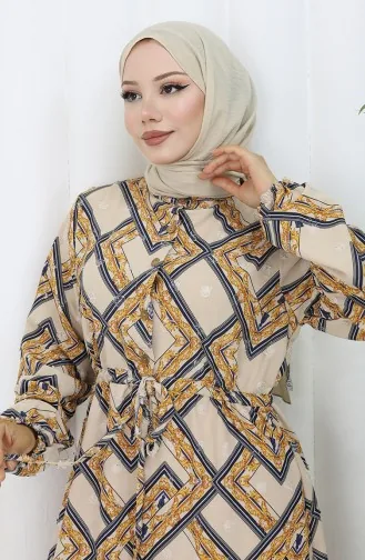 Robe à Motifs Demi-boutonnée 0108-01 Beige Bleu Marine 0108-01