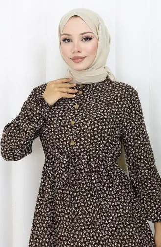 فستان نصف أزرار مع خصر مطوي 0110-01 بني 0110-01