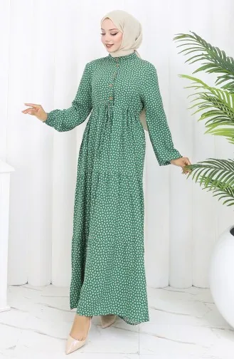 فستان نصف أزرار مع خصر مطوي 0110-03 أخضر 0110-03