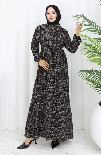 Half Buttoned Dress With Pleated Waist 0110-04 Black 0110-04