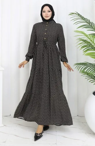 Half Buttoned Dress With Pleated Waist 0110-04 Black 0110-04