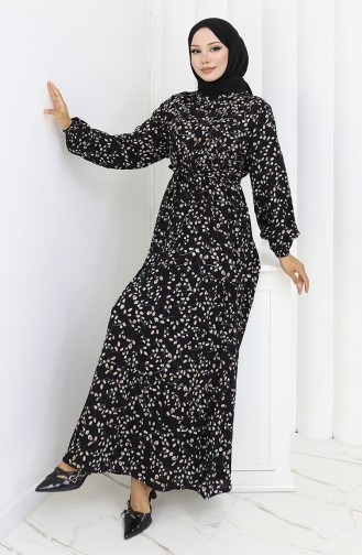Çiçek Desenli Viskon Elbise 0113-02 Siyah