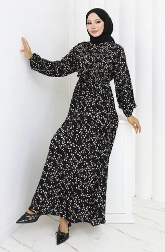 Viskose Kleid Mit Blumenmuster 0113-02 Schwarz 0113-02