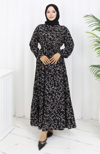 Çiçek Desenli Viskon Elbise 0113-02 Siyah
