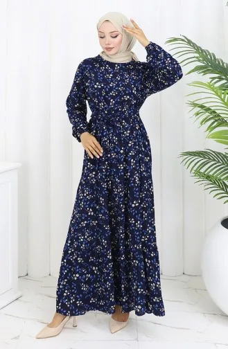 Viskose Kleid Mit Blumenmuster 0113-03 Dunkelblau 0113-03