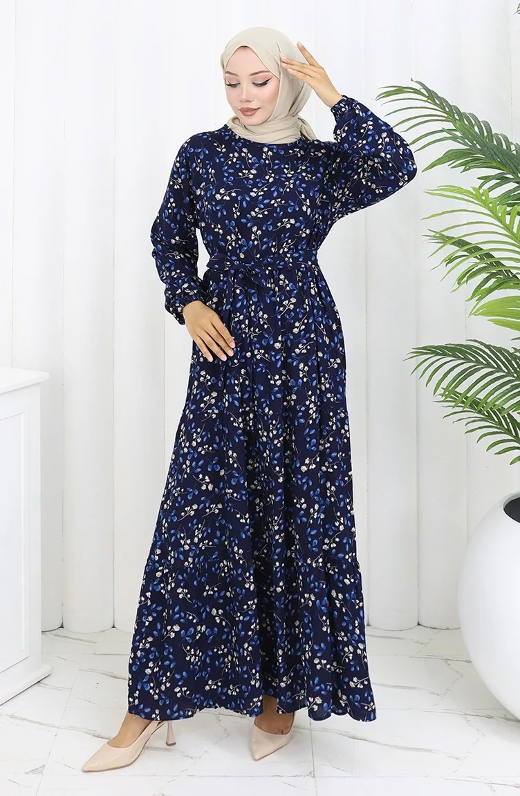 Viskose Kleid Mit Blumenmuster 0113-03 Dunkelblau 0113-03