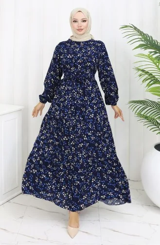 Viskose Kleid Mit Blumenmuster 0113-03 Dunkelblau 0113-03