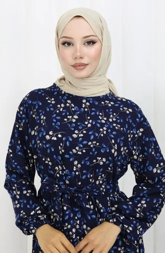 Viskose Kleid Mit Blumenmuster 0113-03 Dunkelblau 0113-03