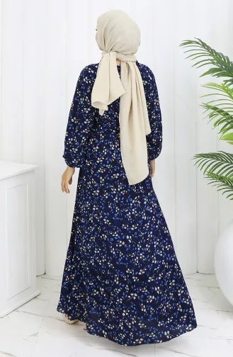 Viskose Kleid Mit Blumenmuster 0113-03 Dunkelblau 0113-03