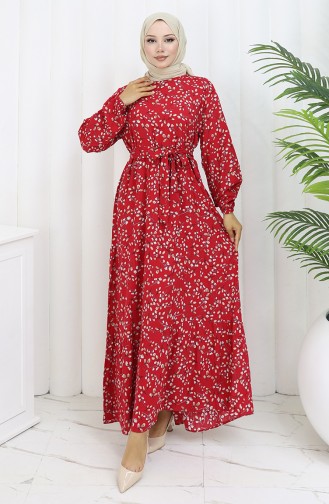 Çiçek Desenli Viskon Elbise 0113-04 Kırmızı