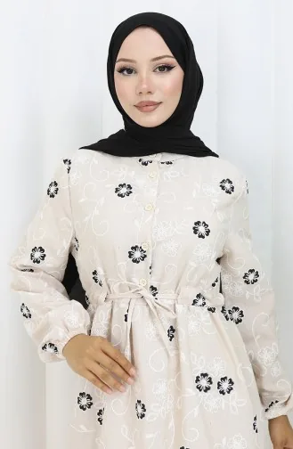 Robe En Lin à Demi-boutonnage 2097-01 Beige Noir 2097-01