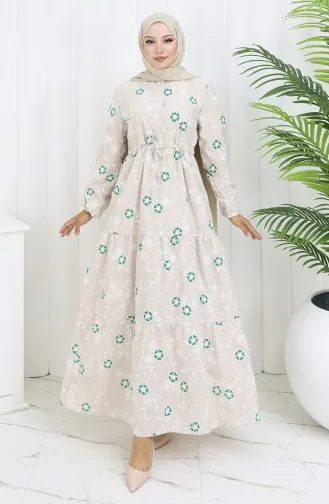 Yarım Düğmeli Keten Elbise 2097-03 Bej Zümrüt Yeşili