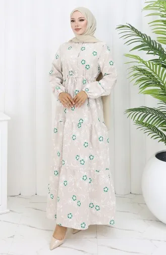 Yarım Düğmeli Keten Elbise 2097-03 Bej Zümrüt Yeşili