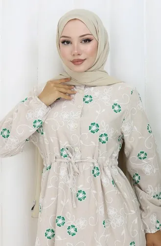 Yarım Düğmeli Keten Elbise 2097-03 Bej Zümrüt Yeşili
