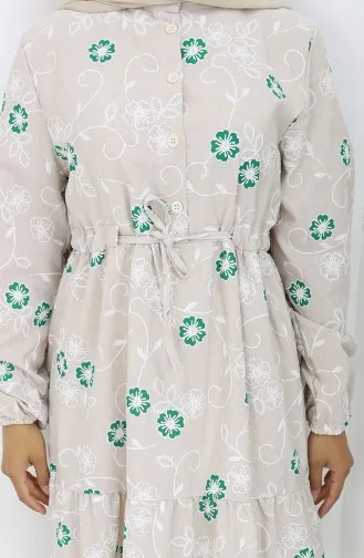 Yarım Düğmeli Keten Elbise 2097-03 Bej Zümrüt Yeşili