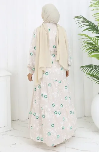 Yarım Düğmeli Keten Elbise 2097-03 Bej Zümrüt Yeşili