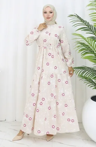 Yarım Düğmeli Keten Elbise 2097-04 Bej Fuşya
