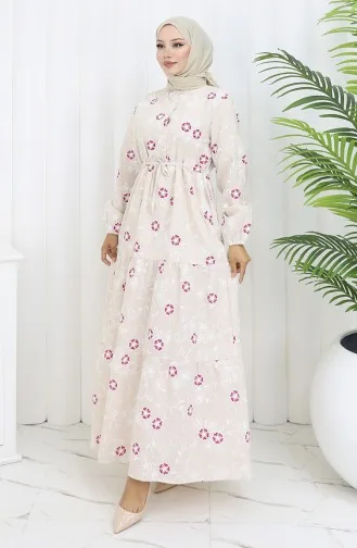 Yarım Düğmeli Keten Elbise 2097-04 Bej Fuşya