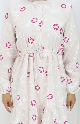 Yarım Düğmeli Keten Elbise 2097-04 Bej Fuşya