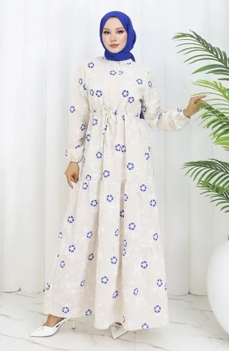 Halfgeknoopte Linnen Jurk 2097-05 Beige Marineblauw 2097-05