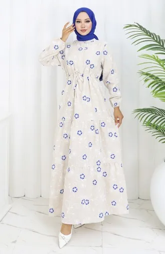 Halfgeknoopte Linnen Jurk 2097-05 Beige Marineblauw 2097-05