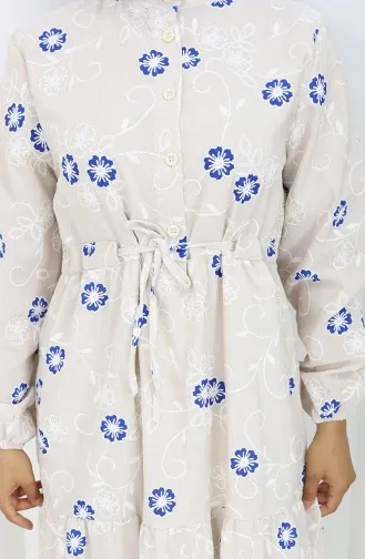 Halfgeknoopte Linnen Jurk 2097-05 Beige Marineblauw 2097-05