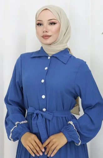 Robe Ceinturée à Demi-bouton 2098-02 Indigo 2098-02