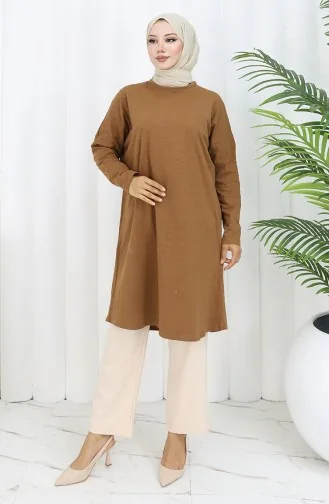 تونيك قطني سادة بقصّة مريحة 8757-06 لون قهوة حليبية 8757-06